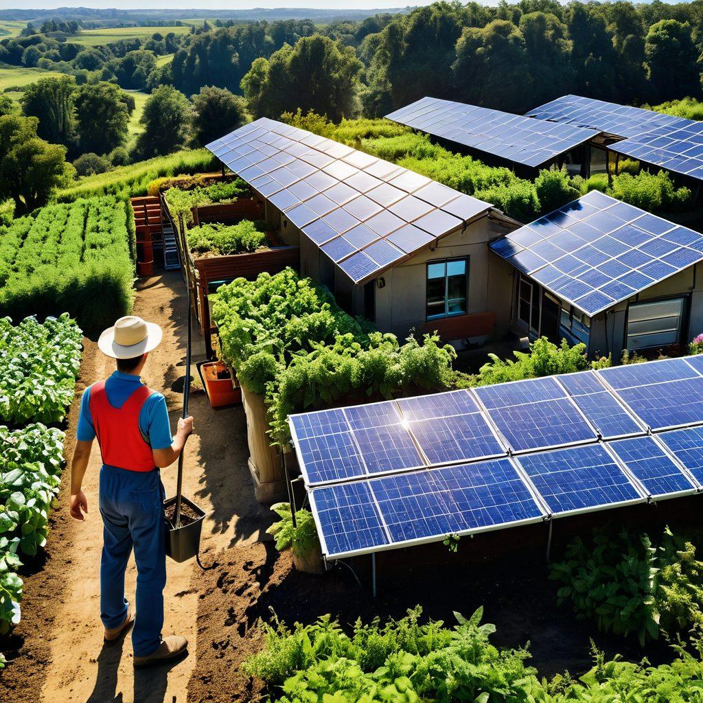A serene landscape showcasing a traditional farm transitioning into a modern sustainable operation, featuring solar panels, vertical gardens, and diverse crops intermingled with wildlife. In the foreground, a farmer is using eco-friendly tools while inspecting crops, surrounded by lush greenery and a blue sky. Emphasize harmony between nature and technology, symbolizing progress and sustainability. vibrant colors. super-realistic.