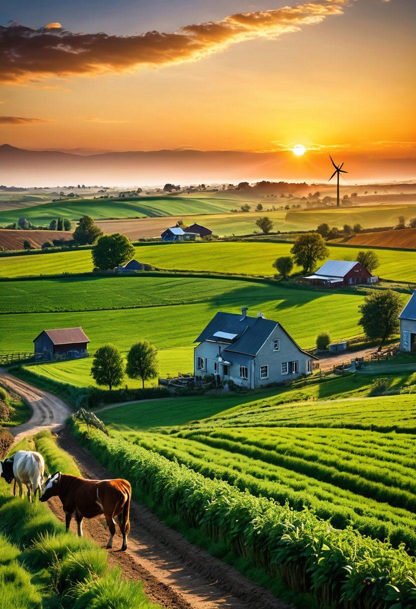 A picturesque countryside landscape featuring vibrant green fields with crops, a rustic farmhouse, and farm animals grazing. In the foreground, a diverse group of farmers is engaged in sustainable farming practices, such as planting, rotating crops, and composting. The sun is setting, casting a warm glow over the scene, with wind turbines in the background symbolizing modern agrarian life. The atmosphere should feel harmonious and connected to nature. super-realistic. vibrant colors.