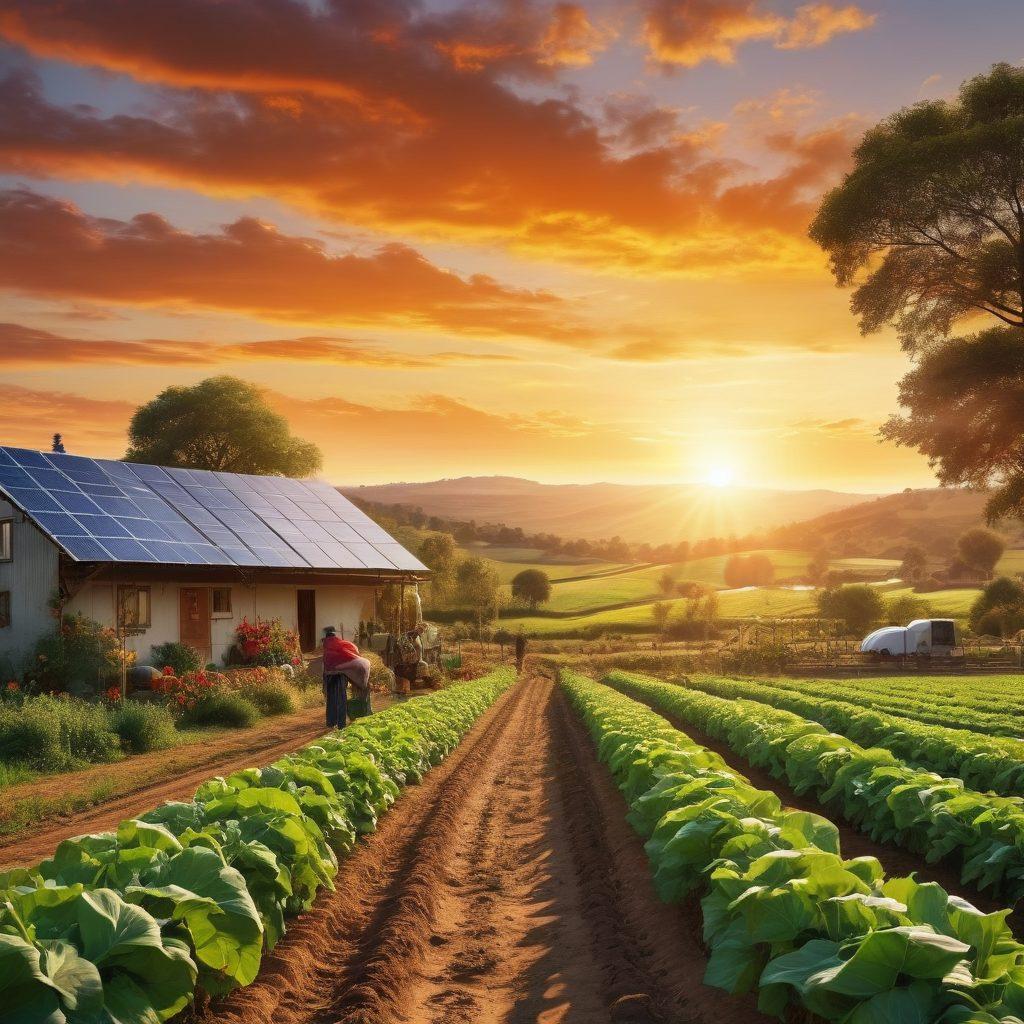 A picturesque farm landscape with lush, green fields and a diverse range of crops, showcasing a farmer tending to their plants with joy. Include a vibrant sunset in the background, symbolizing hope and sustainability. Feature sustainable practices like solar panels and a rainwater collection system subtly integrated into the scene. Add elements of community, like children playing and animals grazing harmoniously. super-realistic. vibrant colors. warm tones.